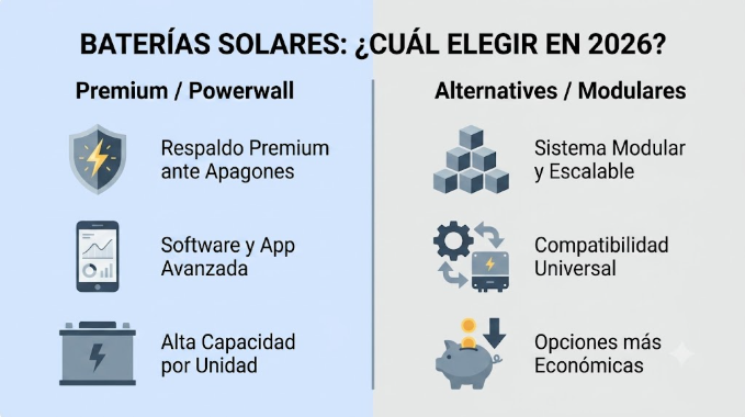 Infografia comparativa de ventajas e inconvenientes de baterías solares Tesla Powerwall vs alternativas