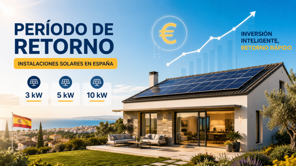Casa unifamiliar con paneles solares y comparativa del periodo de amortización de instalaciones de 3, 5 y 10 kW en España.