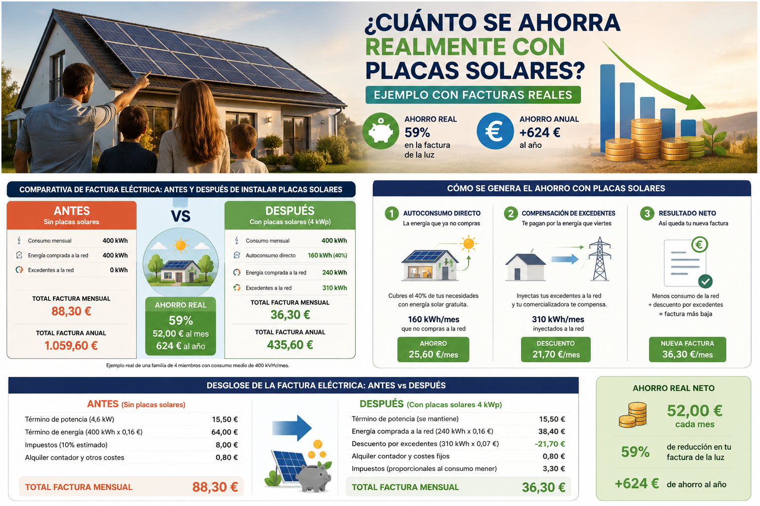 Cuánto se ahorra con placas solares en una vivienda: factura de 88,30 € antes y 36,30 € después.