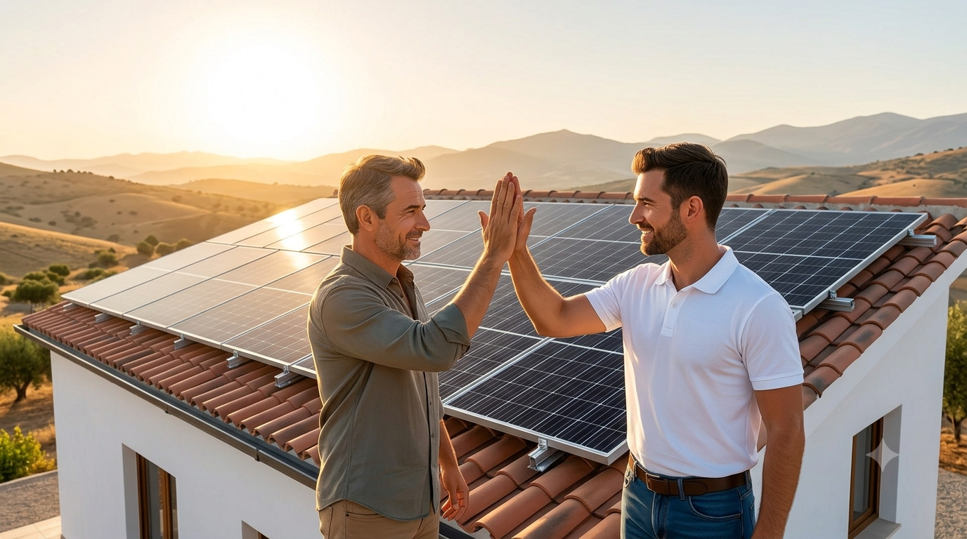 Instalación solar de 5 kW completada con éxito en tejado de chalet en España con propietario y técnico sonriendo.