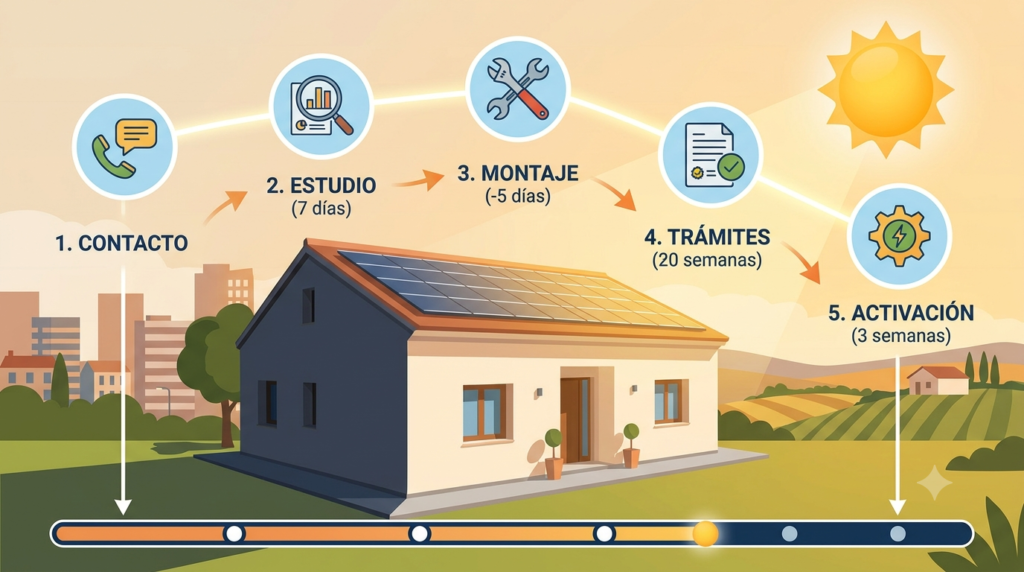 Cronología completa instalación solar residencial España tiempos y fases autoconsumo
