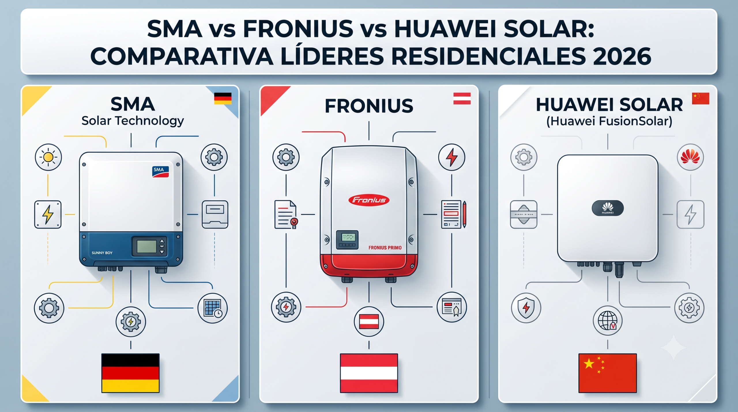 Infografía comparativa de inversores solares residentiales SMA, Fronius y Huawei Solar 2026, mostrando modelos líderes y características principales para autoconsumo en España