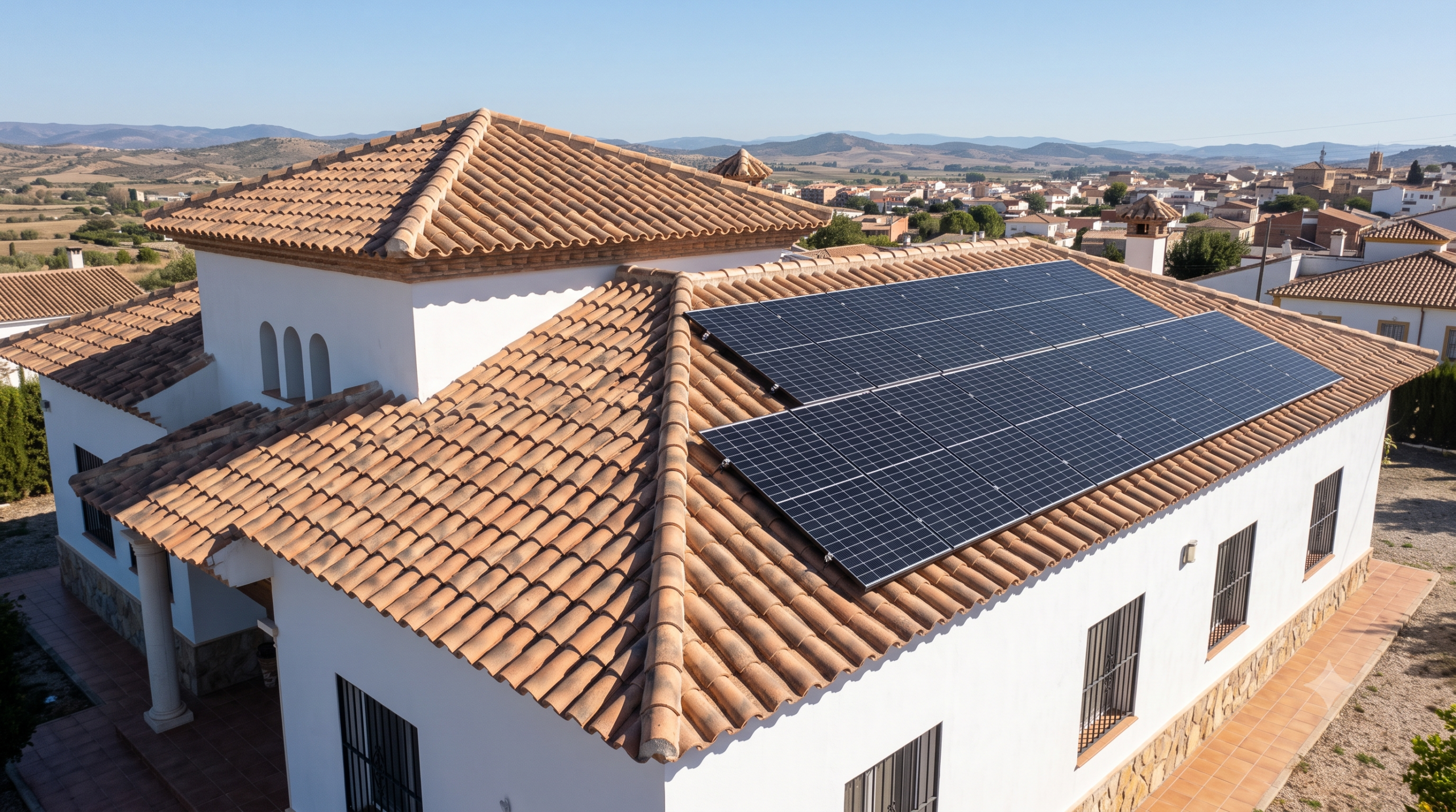 Vista aérea de una villa española tradicional con paneles solares integrados en un tejado de teja árabe curved, bajo un cielo azul despejado.