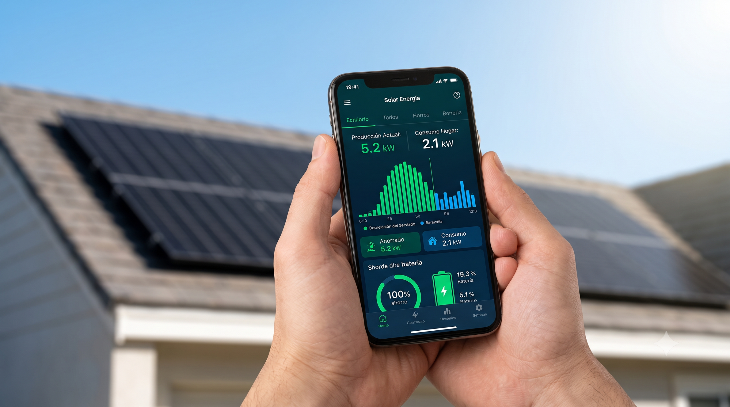 Primer plano de mano sosteniendo smartphone mostrando una app de monitorización solar con gráficas de producción y ahorro energético en tiempo real, con placas solares borrosas en el tejado al fondo bajo el sol.