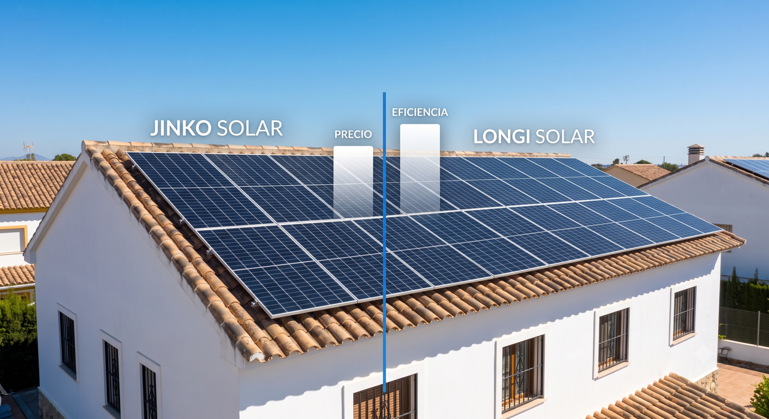 Infografía comparativa de paneles solares Jinko Solar vs LONGi Solar sobre el tejado de un chalet moderno en España, mostrando diferencias conceptuales de precio y eficiencia.