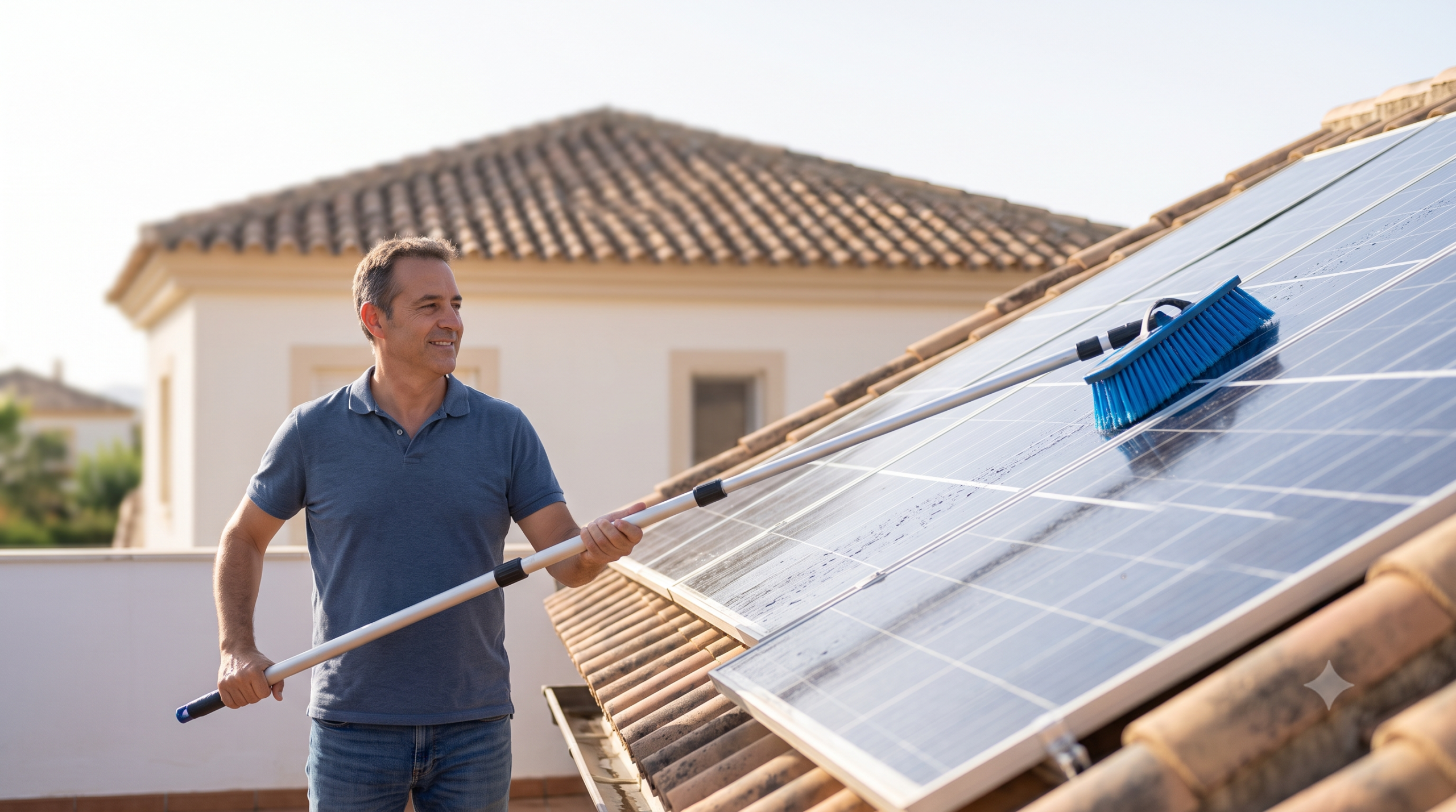Mano de obra correcta limpiando placas solares en tejado de casa moderna con cepillo extensible suave en España.