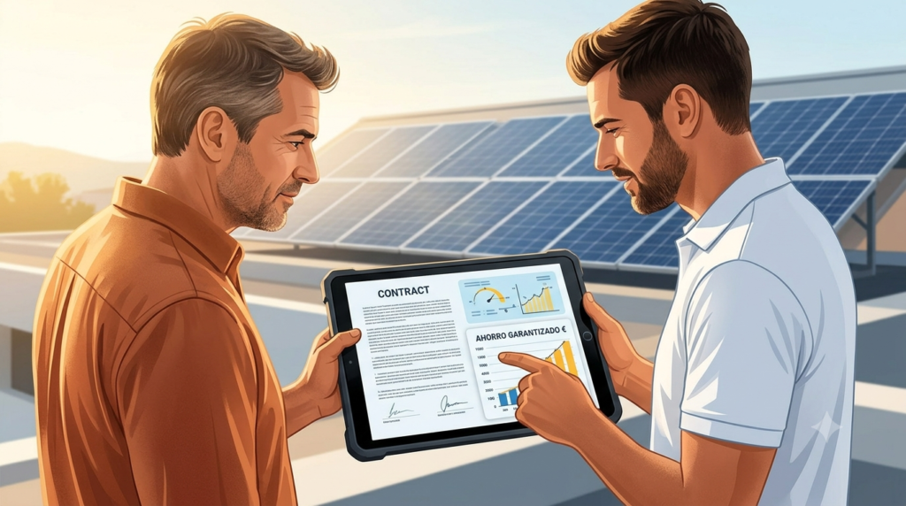 Propietario de vivienda en España y técnico revisando contrato de instalación solar con confianza