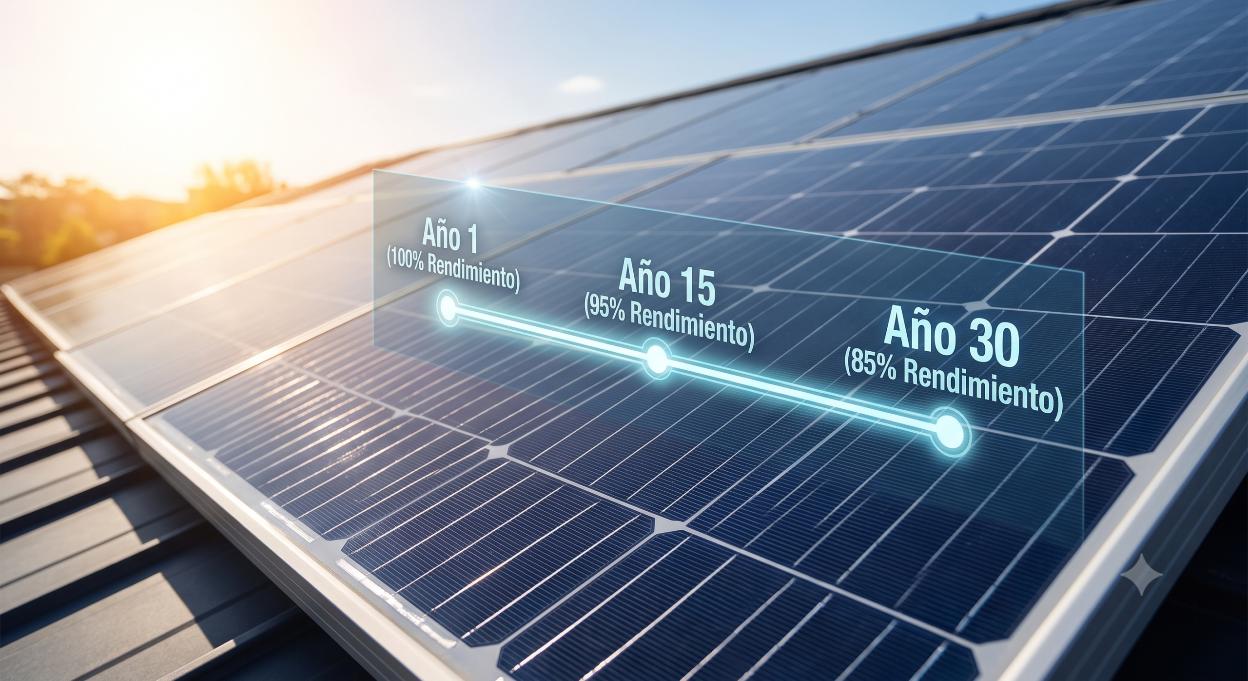 Infografía sobre la vida útil de los paneles solares, mostrando la garantía de rendimiento del fabricante hasta el 85% de potencia en el año 30 sobre un panel real.