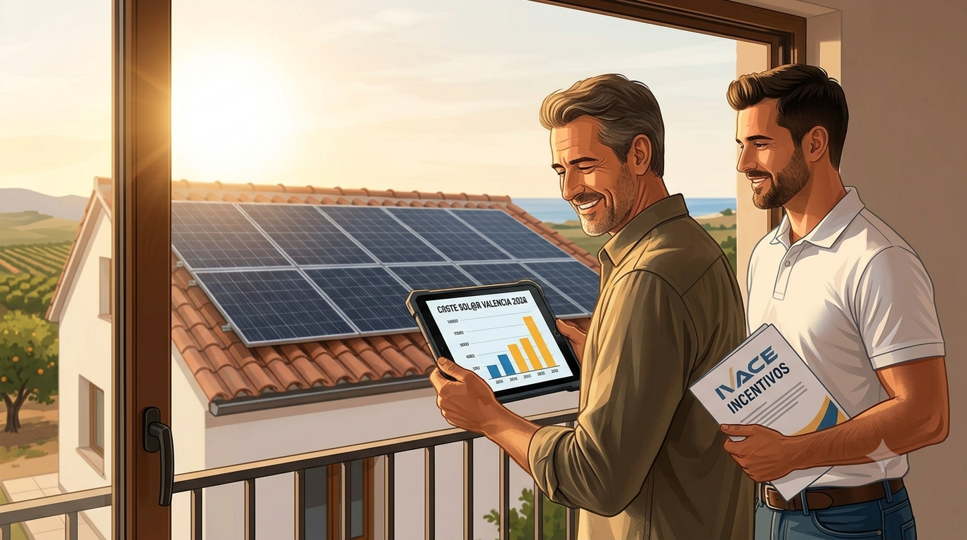 Propietario de vivienda en Valencia y técnico de confianza revisando costes de instalación solar 2026 en tableta con vistas a la costa.