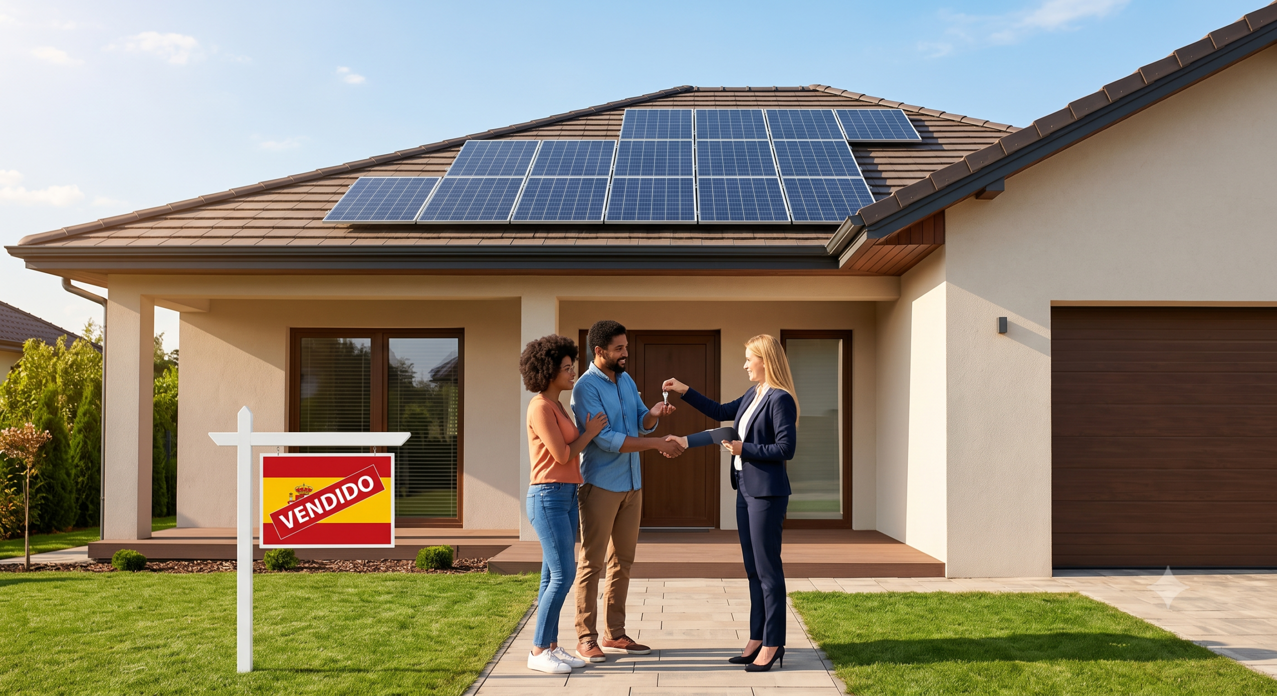 Una pareja estrecha la mano de una agente inmobiliaria en el porche de una casa moderna con paneles solares visibles en el tejado bajo un cielo soleado. Un cartel de 'Vendido' está en el jardín.