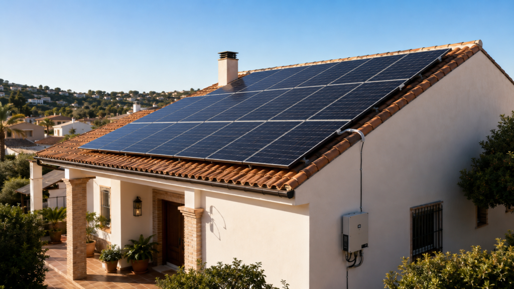 Cómo funciona la energía solar fotovoltaica en una vivienda con paneles solares en el tejado.