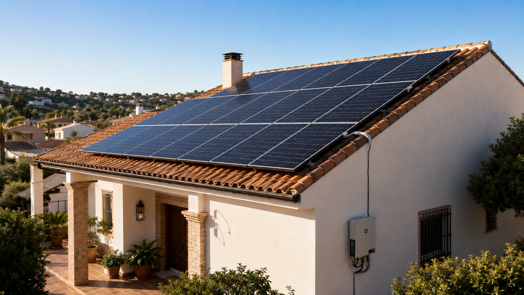 Cómo funciona la energía solar fotovoltaica en una vivienda con paneles solares en el tejado.