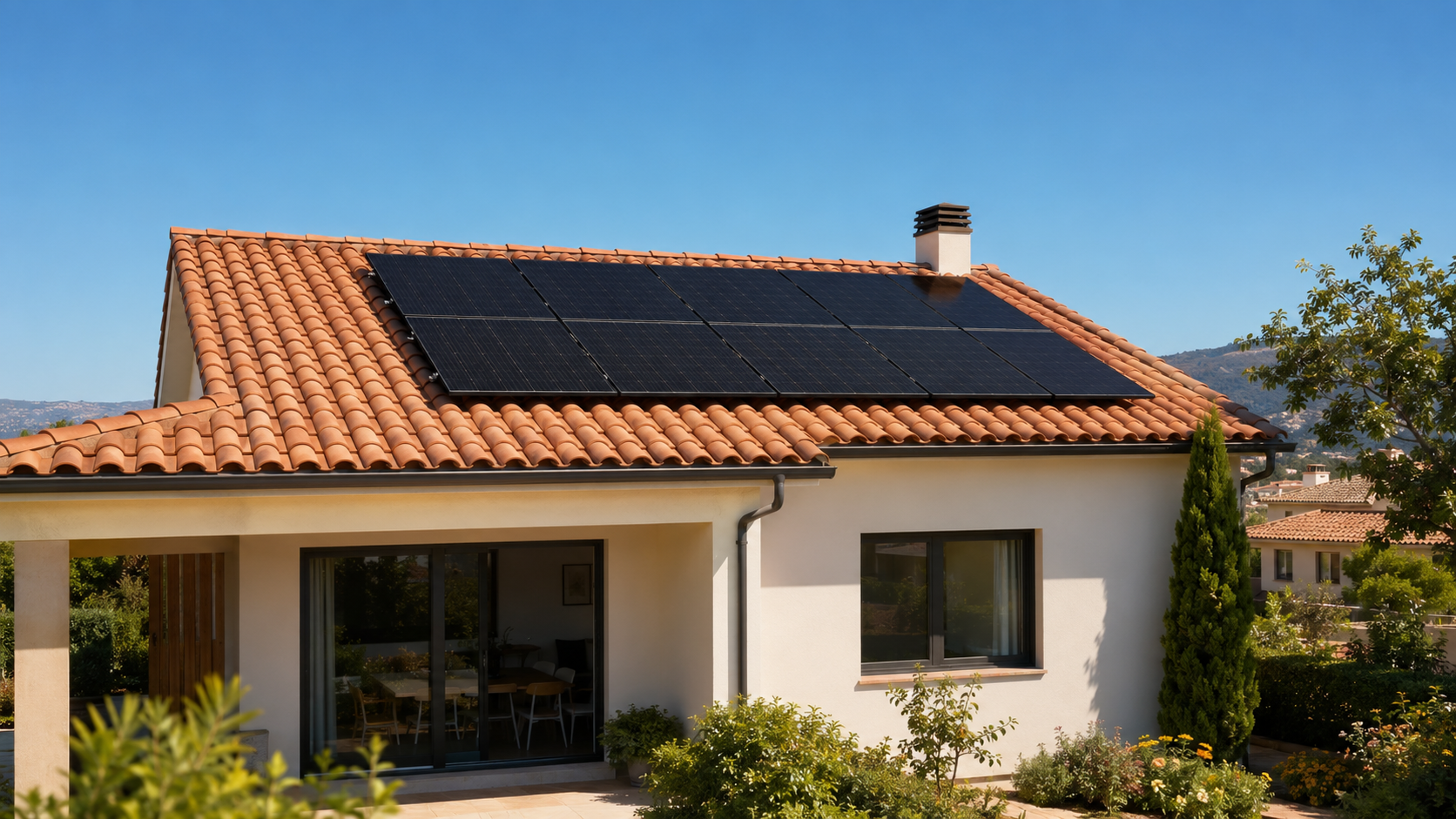 Casa unifamiliar en España con ocho paneles solares en el tejado.