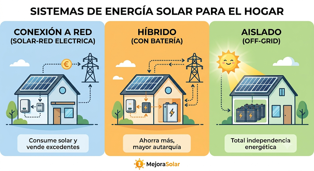 Infografía comparativa de tipos de kits solares: conexión a red, híbridos con batería y aislados
