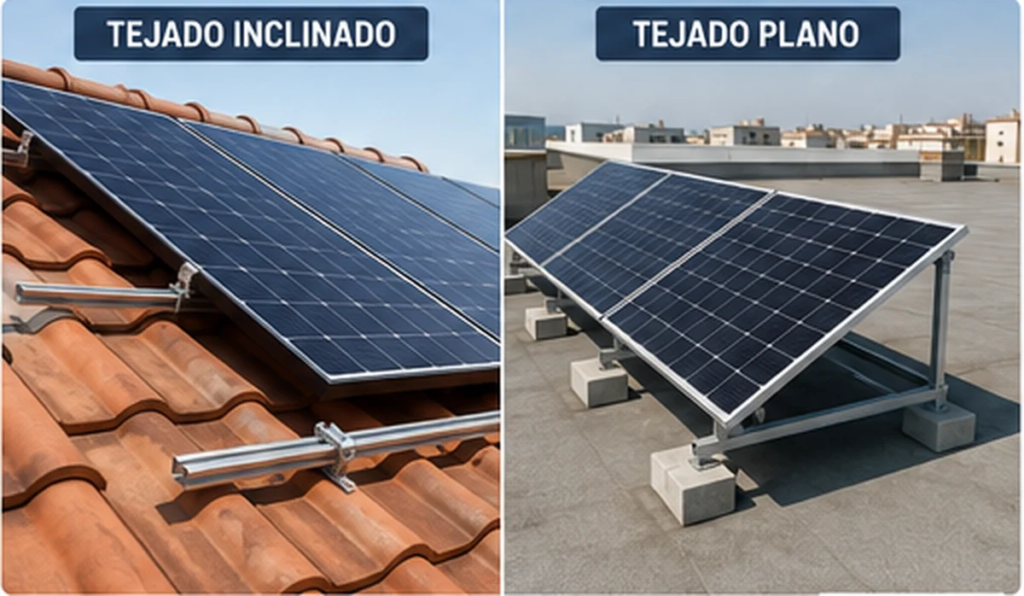Montaje de placas solares en tejado plano con estructura lastrada y en tejado inclinado coplanar