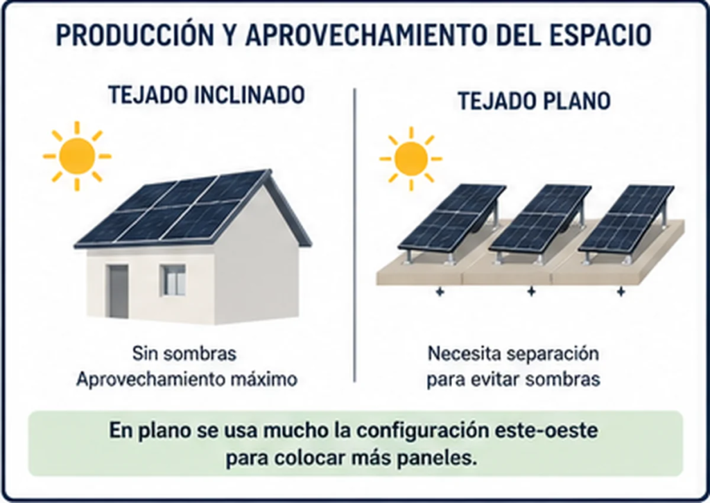 Aprovechamiento del espacio en tejado plano e inclinado para instalar paneles solares sin sombras