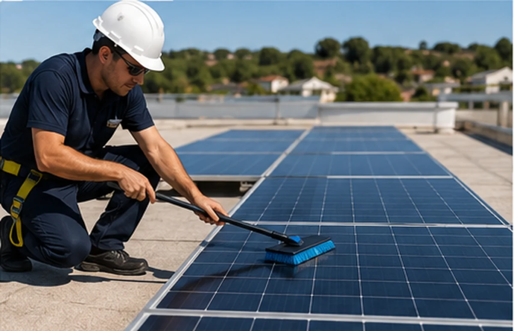 Mantenimiento y limpieza de placas solares en un tejado plano accesible