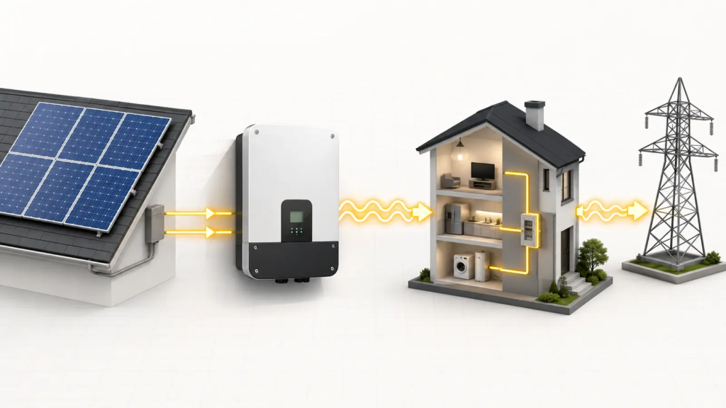 Esquema de cómo funciona un inversor solar entre las placas fotovoltaicas, la vivienda y la red eléctrica