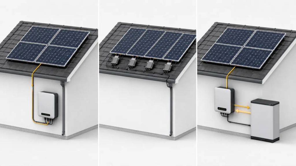 Comparativa de inversor string, microinversores e inversor híbrido con batería para autoconsumo solar