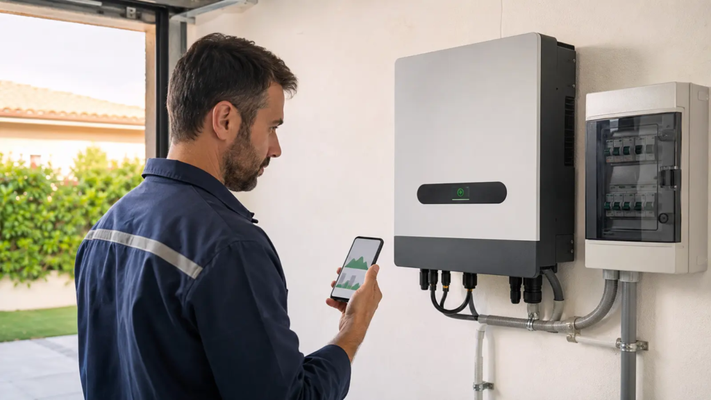 Instalador comprobando un inversor solar y la aplicación de monitorización fotovoltaica en una vivienda