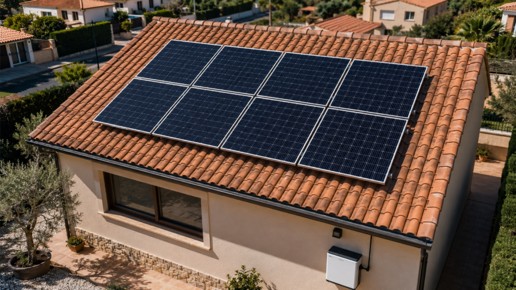 Tejado de vivienda con ocho paneles solares de 450 W para autoconsumo fotovoltaico