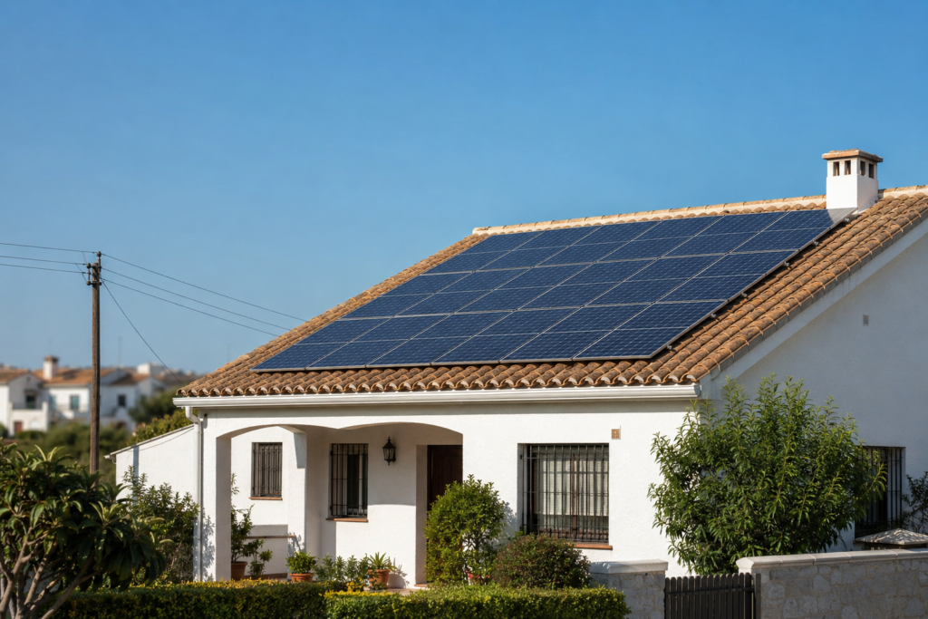 Sistema solar on-grid en vivienda unifamiliar española conectada a la red eléctrica.