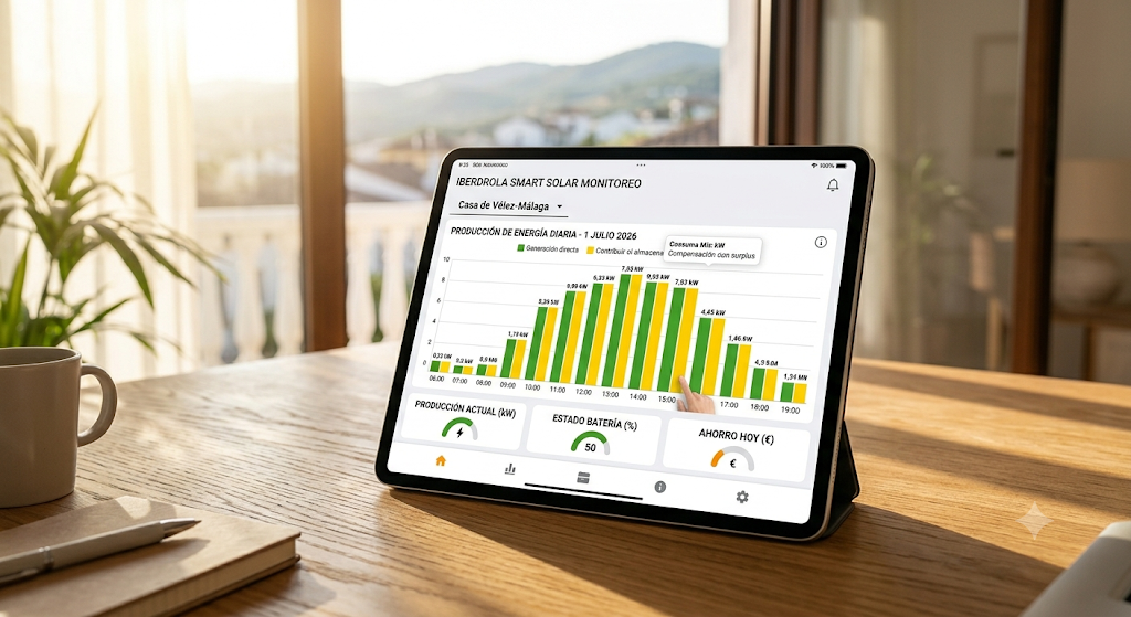 App de monitorización de energía solar en una tablet para control de autoconsumo doméstico