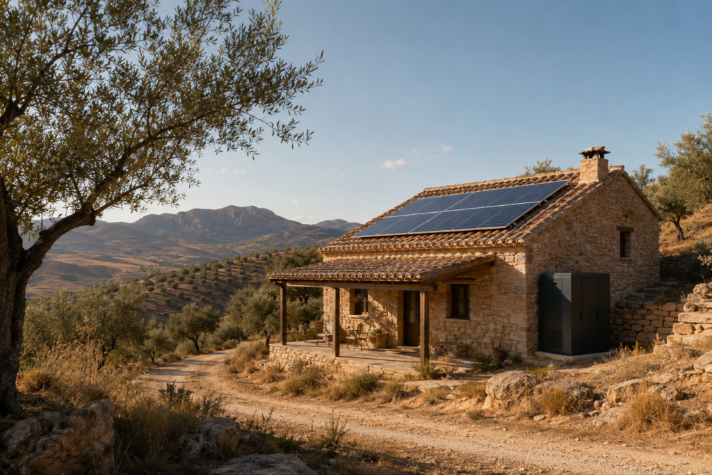 Sistema solar off-grid con placas y baterías en una casa rural aislada de España.