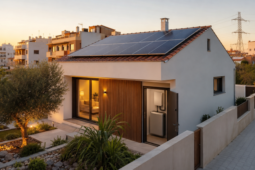 Sistema solar híbrido con placas fotovoltaicas, batería doméstica y conexión a la red eléctrica.