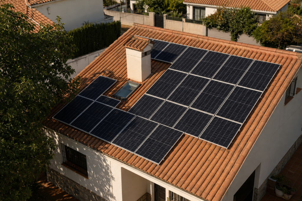 Tejado con paneles solares, chimenea y sombras que influyen en la potencia de una instalación fotovoltaica.