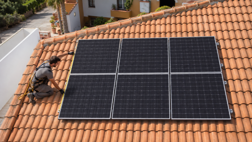 Instalador midiendo seis paneles solares en un tejado para calcular una instalación fotovoltaica residencial.