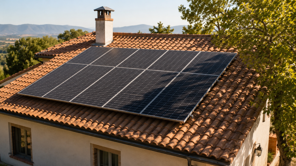 Paneles solares en tejado con chimenea y sombras de árbol que afectan a la producción fotovoltaica.