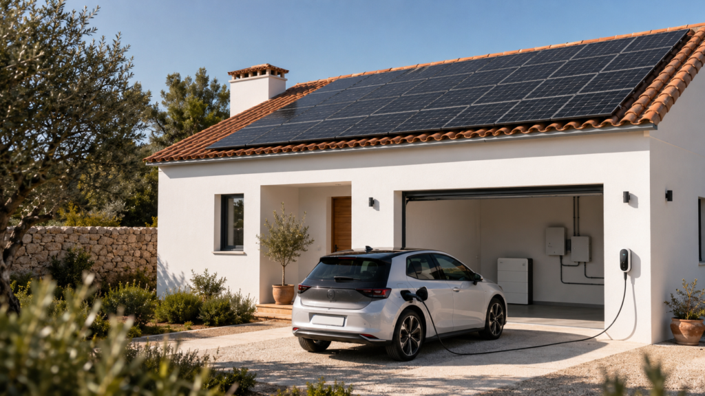 Vivienda con placas solares, batería doméstica y coche eléctrico cargando para prever futuros consumos.