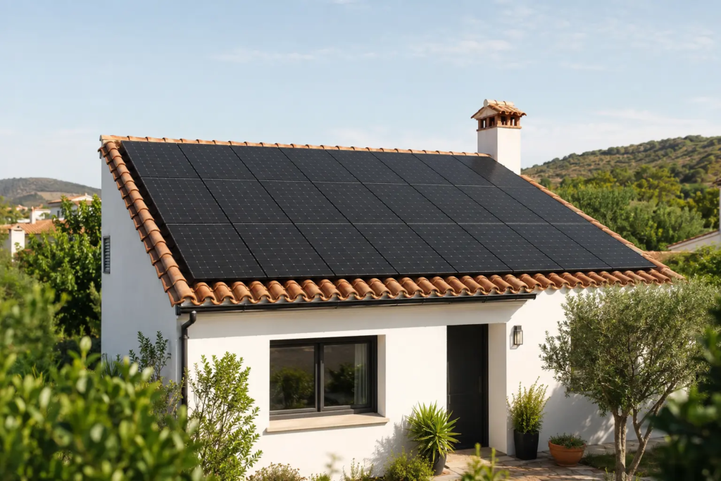 Paneles solares monocristalinos negros instalados en el tejado de una vivienda unifamiliar en España.