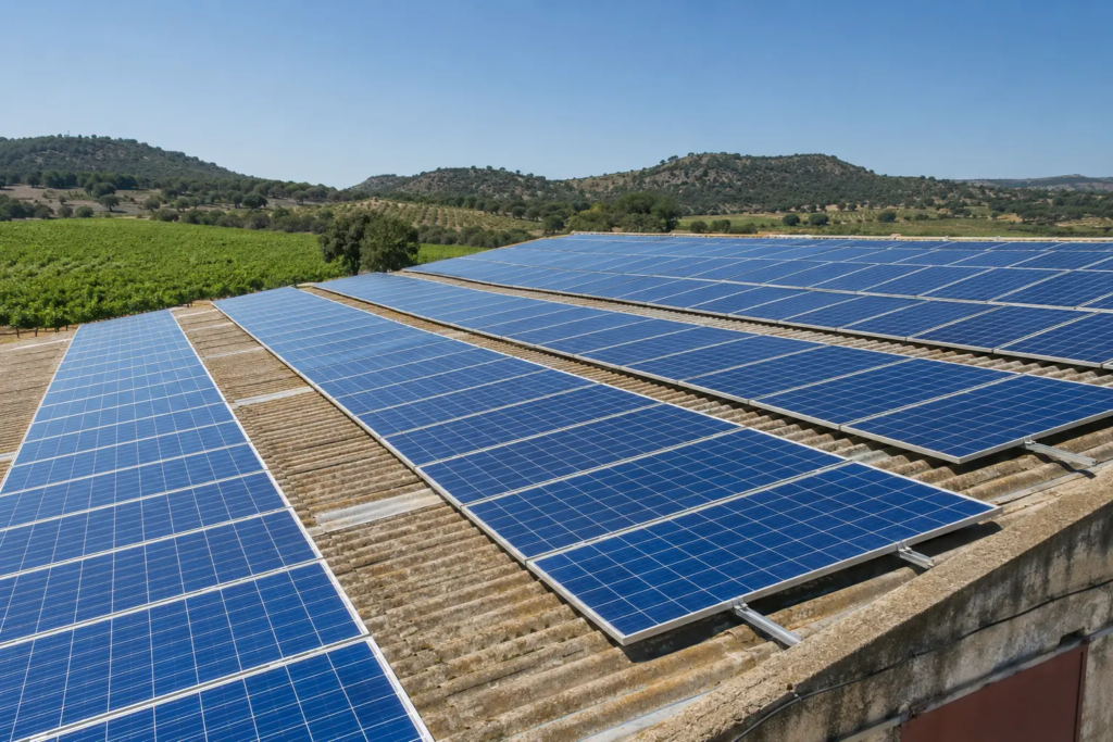 Paneles solares policristalinos azules instalados sobre una cubierta amplia en España.