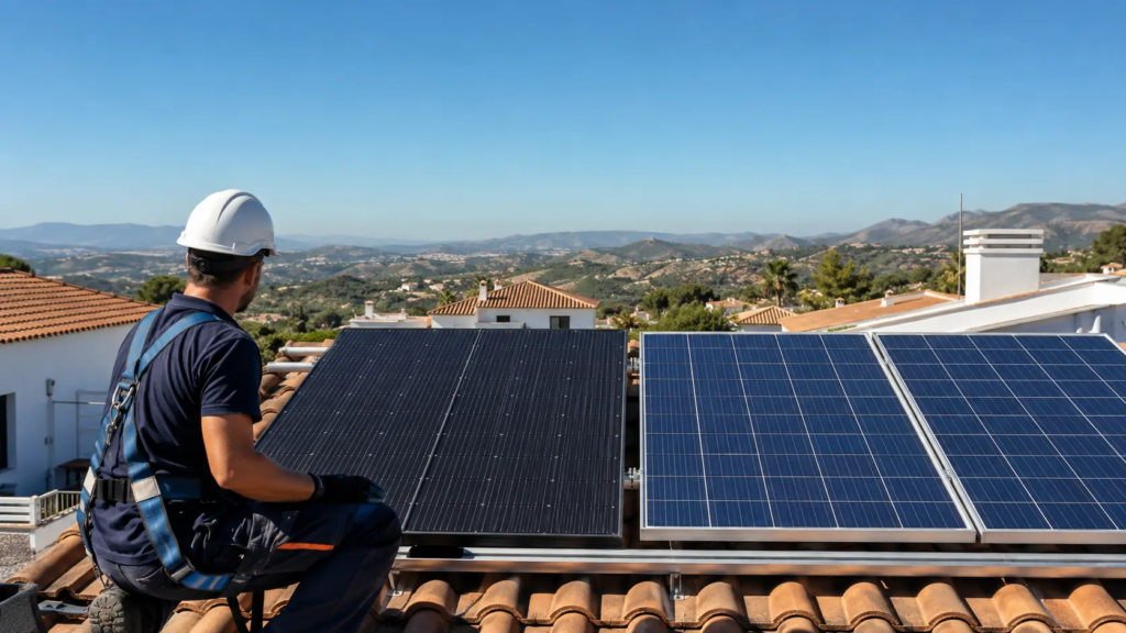 Instalador comparando paneles solares monocristalinos y policristalinos en un tejado residencial en España.