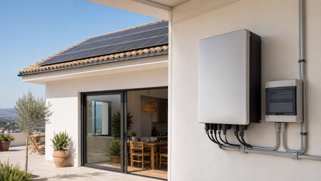 Inversor solar conectado a placas fotovoltaicas en una vivienda para convertir energía solar en electricidad.