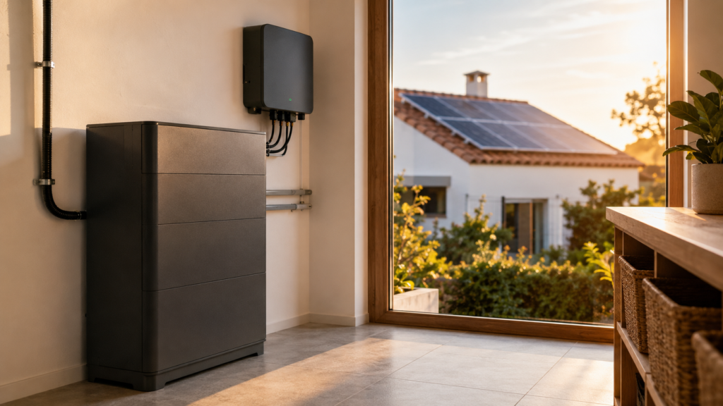 Batería solar doméstica para almacenar excedentes de autoconsumo fotovoltaico y utilizarlos por la noche.