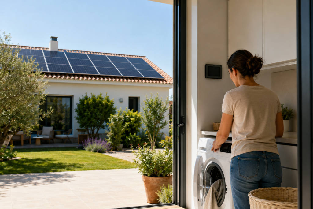 Autoconsumo solar en vivienda con placas solares y lavadora funcionando durante las horas de sol.
