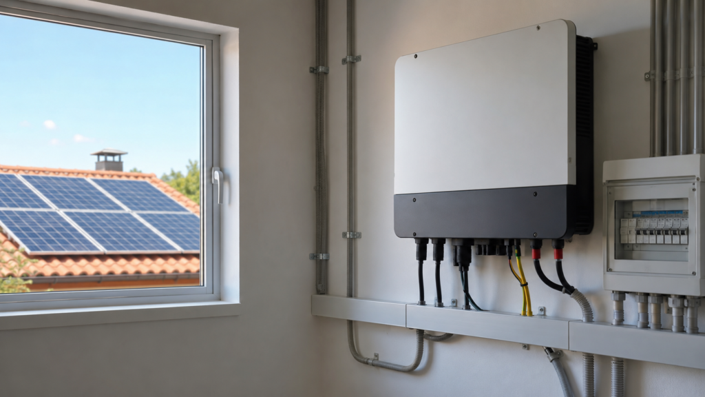 Inversor solar fotovoltaico doméstico que convierte la electricidad de los paneles solares para usarla en casa.