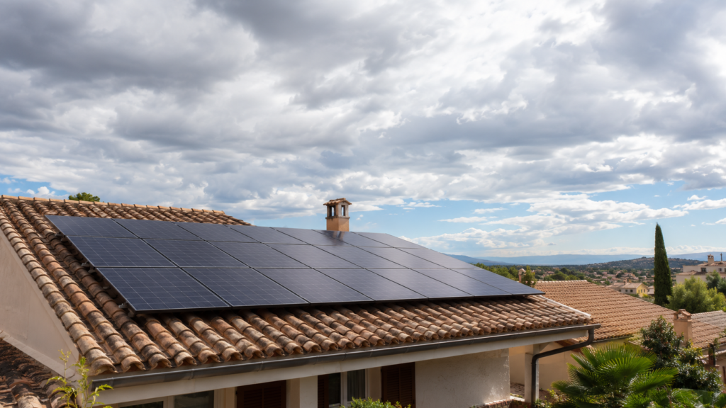 Placas solares fotovoltaicas funcionando en un día nublado con radiación solar difusa.