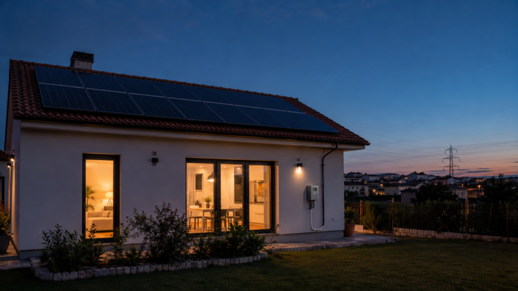 Vivienda con paneles solares al anochecer conectada a la red eléctrica como respaldo energético.