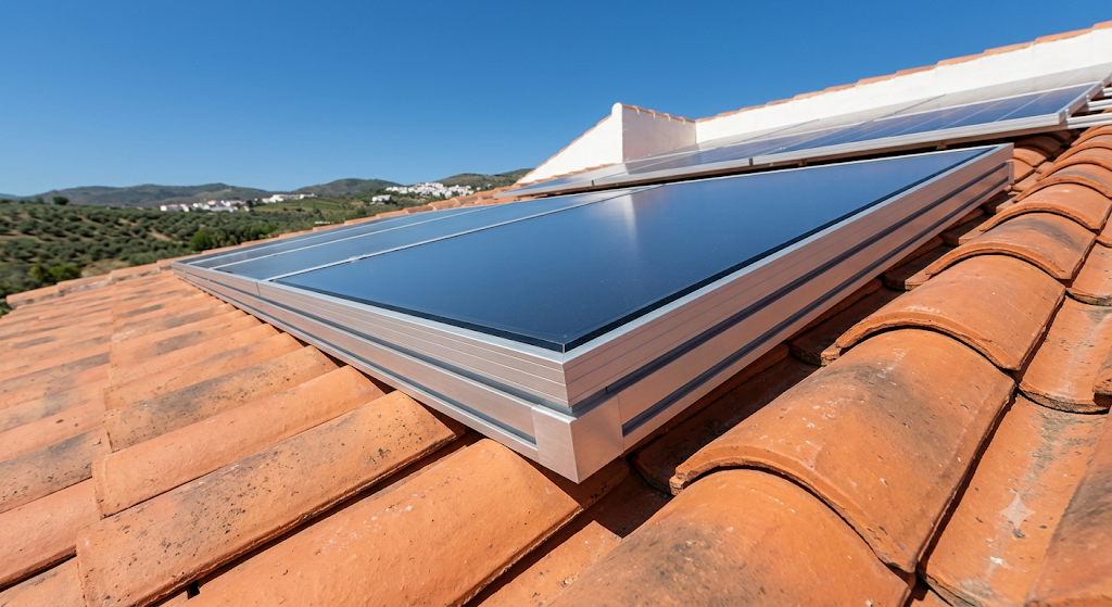 Detalle de panel solar fotovoltaico instalado correctamente en un tejado residencial en España