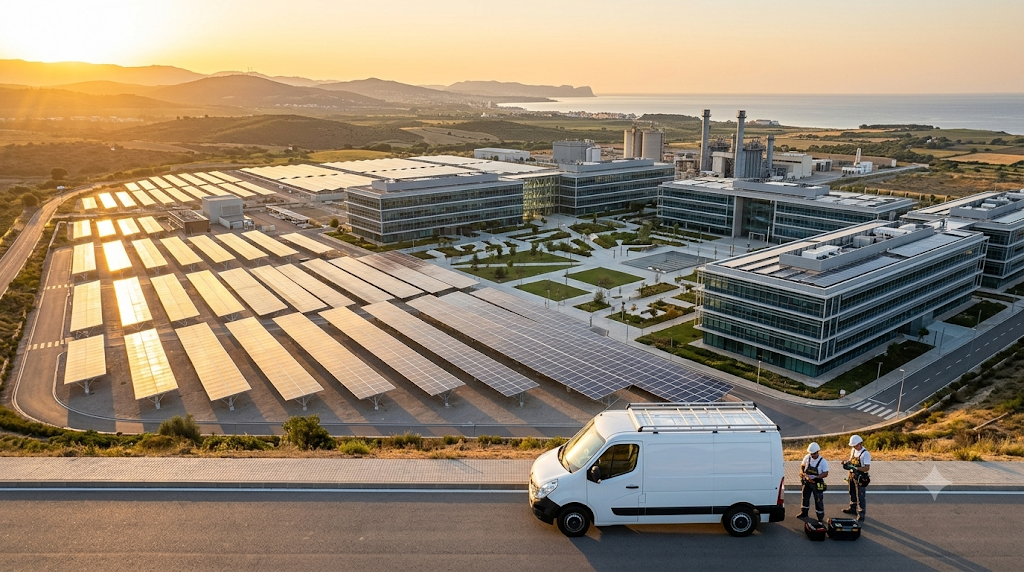 Gran complejo industrial moderno de compañía energética con extensa instalación de paneles solares en España