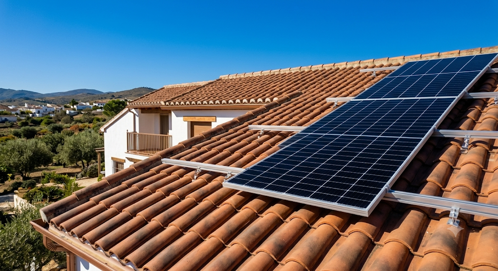 Primer plano de panel solar fotovoltaico perfectamente instalado en tejado de tejas españolas