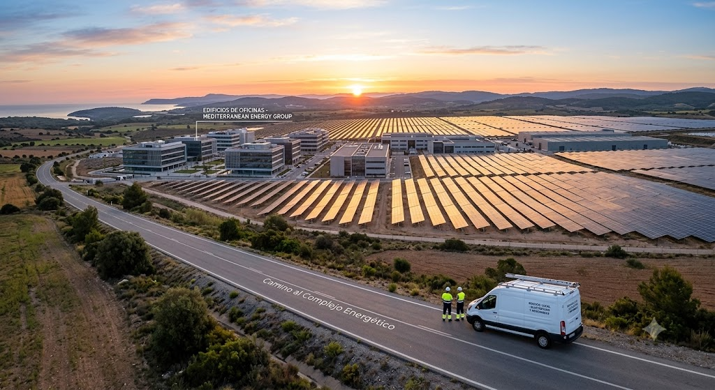 Complejo industrial de compañía energética con extensa instalación solar y furgoneta de instaladora solar local