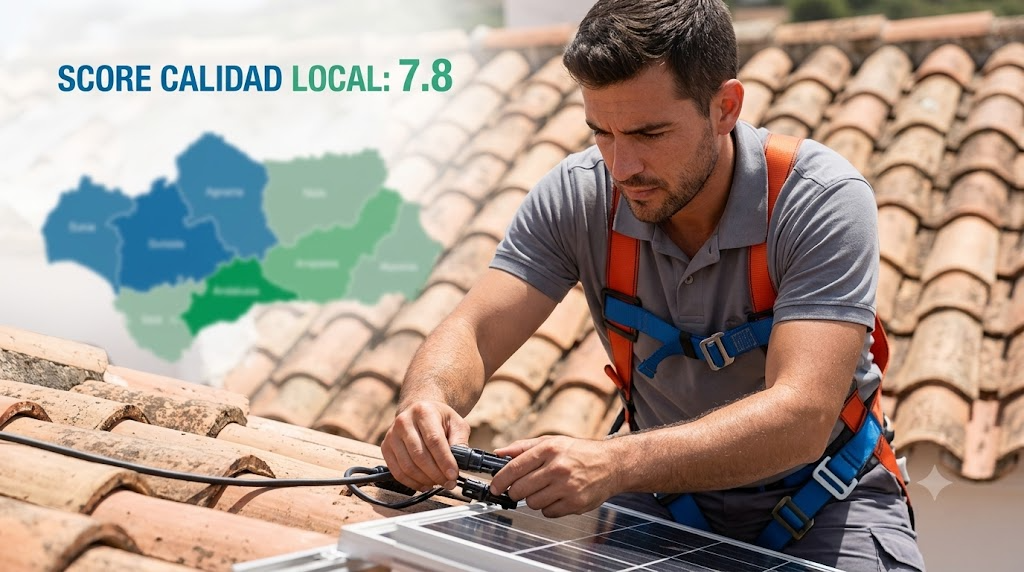 Instalador solar cualificado trabajando en tejado de tejas españolas