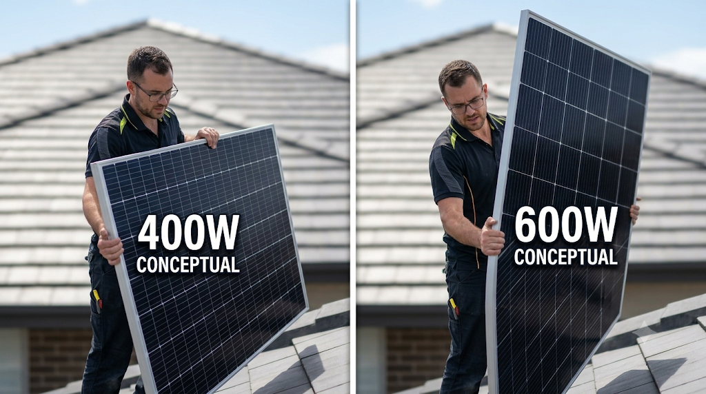 Un primer plano de fotografía de pantalla dividida que ilustra la diferencia de tamaño entre dos paneles solares. En el lado izquierdo, un instalador maneja un panel solar de tamaño estándar de 400W conceptual. En el lado derecho, el mismo instalador maneja un panel notablemente más grande y pesado de 600W conceptual. El fondo es un tejado moderno desenfocado