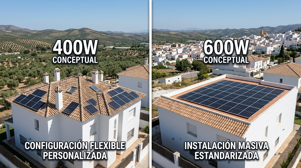 Fotografía aérea de pantalla dividida que compara dos tipos de instalaciones solares en casas modernas. A la izquierda, una casa con un tejado irregular y chimeneas utiliza paneles más pequeños (400W) adaptados en una configuración flexible. A la derecha, una casa con un tejado amplio y plano utiliza paneles más grandes (600W) dispuestos en una cuadrícula masiva y estandarizada
