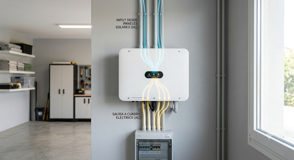 Inversor solar residential moderno montado en pared en garaje técnico, mostrando flujos de energía digitalizados de paneles a cuadro eléctrico.